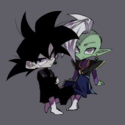 2boys arm_on_knee black_bodysuit black_eyes black_hair black_pants blue_pants blue_sash bodysuit boots chibi colored_skin dougi dragon_ball dragon_ball_super earrings goku_black green_skin grey_eyes hands_on_ground jewelry long_sleeves looking_at_viewer mohawk multiple_boys pants pointy_ears potara_earrings purple_shirt red_sash saiyan sash shirt short_hair sitting spiked_hair v621 white_footwear white_hair zamasu