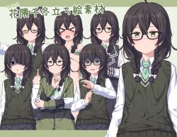 &gt;_&lt; 1girl animal_ears aqua_necktie arm_at_side black-framed_eyewear black_eyes black_hair blazer blue_jacket blue_skirt blush bow bra braid cevio character_name chevron_(symbol) closed_mouth collared_shirt commentary_request commission drawstring embarrassed expressionless facing_viewer green_background green_bra green_eyes green_jacket green_sweater_vest hair_between_eyes hair_bow hair_over_one_eye hanakuma_chifuyu hand_up highres ibuki_notsu jacket jimiko lapels long_hair long_sleeves looking_at_viewer looking_to_the_side low_twin_braids middle_finger multicolored_jacket necktie open_mouth partially_unzipped semi-rimless_eyewear shirt simple_background skirt sweat sweater_vest twin_braids two-tone_jacket two-tone_necktie under-rim_eyewear underwear upper_body variations wavy_mouth white_bow white_jacket white_necktie white_shirt