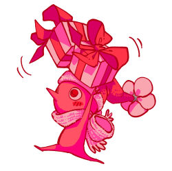 Rule 34 | arms up, black eyes, blush stickers, carrying, christmas, colored skin, creature, creature focus, flower, fringe trim, fur-trimmed headwear, fur trim, gift, hat, highres, holding, holding gift, motion lines, nintendo, no humans, no mouth, oversized object, pikmin (creature), pikmin (series), pointy nose, red hat, red pikmin, red skin, running, santa hat, scarf, simple background, solo, white background, white flower, white scarf, yu pikmin