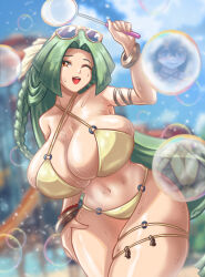 bikini breasts channeler_(pokemon) fenrox hex_maniac_(pokemon) highres large_breasts nintendo pokemon reflection swimsuit thick_thighs thighs