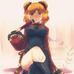 1girl 793_(oo793oo) black_dress braid breasts chinese_clothes double_bun dress family_hierarch_candidate_(identity)_(project_moon) freckles frilled_sleeves frills full_body green_eyes hair_bun hand_fan holding holding_fan ishmael_(project_moon) limbus_company long_hair looking_at_viewer multicolored_hair orange_hair project_moon red_shrug simple_background sitting solo streaked_hair thighs twin_braids very_long_hair yellow_background