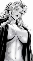 1girl absurdres balalaika_(black_lagoon) black_lagoon breasts burn_scar commentary english_commentary from_below greyscale highres large_breasts long_hair mole mole_under_eye monochrome mostlybluewyatt navel open_mouth parted_bangs robe scar scar_across_eye scar_on_breasts scar_on_face simple_background solo white_background