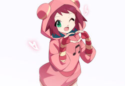Rule 34 | 1girl, cowboy shot, fingerless gloves, gloves, green eyes, heart, heart hands, hood, hood up, hoodie, kaidou zx, mega man (series), mega man star force (series), musical note, musical note print, one eye closed, open mouth, pink hoodie, print hoodie, red gloves, red hair, simple background, solo, sonia strumm (mega man), teeth, upper teeth only, white background