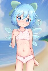 1girl ? beach blue_eyes blue_hair blue_sky bra cirno collarbone day exhibitionism flat_chest highres kommandoh loli looking_at_viewer navel outdoors panties polka_dot polka_dot_panties public_indecency ribs skinny sky stomach touhou training_bra underwear wings