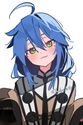 1girl :3 ahoge alternate_costume alternate_hairstyle artist_name blue_hair color_connection cosplay dot_nose double-parted_bangs facing_viewer green_eyes hair_between_eyes hair_color_connection head_tilt highres izumi_konata jitome lara_greyrat light_blush long_sleeves looking_to_the_side lucky_star mole mole_under_eye mushoku_tensei sidelocks simple_background sleeves_past_fingers sleeves_past_wrists smile solo sydus twitter_username upper_body white_background