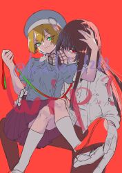 2girls absurdres animal_collar black_hair blonde_hair collar gloves green_eyes hat heaven_burns_red highres jacket leia_1213 long_hair maruyama_kanata multiple_girls red_background red_eyes shirt short_hair sidelocks skirt suspenders unfinished white_shirt yanagi_mion yuri