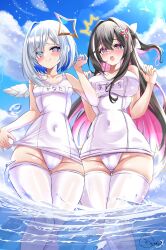 2girls @_@ alternate_costume amane_kanata angel angel_wings azki_(hololive) black_hair blue_hair blue_sky breasts closed_mouth cloud colored_inner_hair covered_navel grey_hair halo highres hololive inokeiwd large_breasts looking_at_viewer multicolored_hair multiple_girls one-piece_swimsuit open_mouth pink_hair sky small_breasts star_halo streaked_hair swimsuit thighhighs virtual_youtuber wading water white_hair white_one-piece_swimsuit white_thighhighs wings