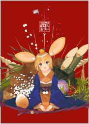 Rule 34 | 1girl, 2020, animal ears, bamboo, black eyes, emil chronicle online, food, food on head, fruit, fruit on head, hair ornament, hairclip, happy new year, highres, japanese clothes, kimono, mizopost, mouse ears, new year, object on head, open mouth, orange (fruit), orange hair, red background, sandrat alma, seiza, sitting