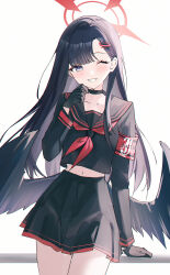 1girl absurdres armband black_choker black_gloves black_hair black_sailor_collar black_serafuku black_shirt black_skirt black_wings blue_archive blue_eyes choker commentary cowboy_shot crop_top crop_top_overhang feathered_wings gloves grin hair_ornament hairclip halo hand_up highres ichika_(blue_archive) long_hair long_sleeves looking_at_viewer low_wings midriff navel neckerchief one_eye_closed parted_bangs pleated_skirt red_neckerchief sailor_collar school_uniform serafuku shirt skirt smile solo usagi_(786113654) wings