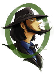 1boy 2013 beard black_eyes black_hat black_necktie blue_shirt cigarette dxpro facial_hair fedora formal_clothes from_side hat highres jigen_daisuke lupin_iii male_focus medium_hair necktie open_mouth shirt sideburns signature smoke solo suit