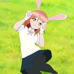 1girl absurdres alter_real_zero animal_ears animal_gloves aqua_shirt artist_name artist_request bare_legs black_skirt blue_skirt blush bow bowtie breasts checkered_clothes checkered_skirt collared_shirt female_focus green_eyes grey_legwear hair_bun hair_ornament hairclip highres looking_at_viewer love_live! love_live!_nijigasaki_high_school_idol_club miniskirt neck_ribbon nijigasaki_school_uniform orange_hair parted_lips pink_neckwear plaid_clothes plaid_skirt pleated pleated_skirt rabbit_ears rabbit_paws red_hair red_neckwear ribbon school_uniform shirt short_hair side_bun single_hair_bun skirt small_breasts smile solo sweater sweater_vest uehara_ayumu vest white_legwear white_shirt yellow_eyes yellow_vest