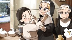 4girls :d bandaid bandaid_on_face bird black_hair blonde_hair blue_eyes bucket calendar_(object) chicken cleaning closed_eyes commentary dirty dirty_face diva_(hyxpk) duck duckling english_commentary freckles freckles_nun_(diva) grey_hair habit hedge highres leaf_nun_(diva) little_nuns_(diva) mole mole_on_cheek multiple_girls nun open_mouth paint shiny_skin slice_of_life smile smug_nun_(diva) snow spill strict_nun_(diva) traditional_nun