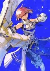 1girl armor bare_shoulders blue_background breasts fate/grand_order fate_(series) hair_over_one_eye highres holding holding_shield kashia mash_kyrielight medium_breasts pink_hair purple_eyes shield simple_background solo white_armor