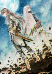 2girls absurdres broken_ground brown_footwear brown_hair commission green_eyes highres holding holding_sword holding_weapon kasuga_nozomi katsu_(24791909) kneepits long_hair marker_(medium) moon multiple_girls open_mouth sky socks star_(sky) starry_sky sword tales_of_(series) tales_of_vesperia traditional_media weapon white_hair yuri_lowell