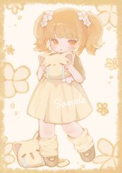 1girl :o blonde_hair blunt_bangs border brown_shoes colored_tongue commentary commission crying_emoji dot_nose dress emoji floral_background flower full_body hair_flower hair_ornament highres holding holding_stuffed_toy looking_at_viewer loose_socks mary_janes medium_hair open_mouth original rucha_(dokkanhanabi) sample_watermark shoes short_sleeves sidelocks skeb_commission socks solo standing stuffed_animal stuffed_cat stuffed_toy twintails watermark white_background white_flower yellow_border yellow_dress yellow_eyes yellow_socks yellow_tongue