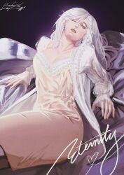 1girl absurdres breasts cleavage coat cowboy_shot eternity_(reverse:1999) grin highres jellyfish_earrings long_hair looking_at_viewer nightgown one_eye_closed parted_lips pink_nightgown purple_background reverse:1999 ripshinaide sitting smile solo very_long_hair white_coat white_hair yellow_eyes