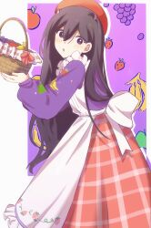 Rule 34 | 1girl, :o, absurdres, alternate eye color, apple, apron, artistic error, back bow, bailan1130, banana, banana print, basket, beret, black hair, border, bow, bright pupils, chinese commentary, commentary request, cowboy shot, double-parted bangs, food, food print, frilled apron, frills, from side, fruit, fruit print, grapes, green apple, hair behind ear, hair between eyes, hair intakes, hands up, hat, highres, holding, holding basket, long hair, long skirt, long sleeves, looking at viewer, mari (birthday) (omori), mari (faraway) (omori), mari (omori), official alternate costume, omori, open mouth, outline, outside border, plaid clothes, plaid skirt, prototype design, puffy long sleeves, puffy sleeves, purple background, purple eyes, purple sweater, red bow, red hat, red skirt, simple background, skirt, solo, straight hair, strawberry, strawberry print, sweater, very long hair, white apron, white border, white outline, white pupils