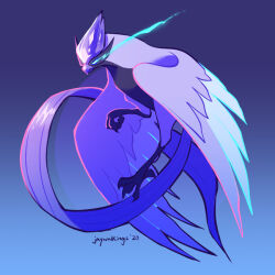 2020 animal_focus artist_name bird blue_background blue_eyes closed_mouth commentary dated english_commentary eye_trail full_body galarian_articuno galarian_form gen_8_pokemon gradient_background jaywalkings legendary_pokemon light_trail nintendo no_humans pokemon pokemon_(creature) purple_background solo