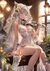 Rule 34 | 1girl, alternate costume, animal ears, antenna hair, bare shoulders, blue eyes, breasts, breasts apart, bridal veil, candle, commentary, covered navel, day, dress, flower, fox ears, grey hair, hair between eyes, hair flower, hair ornament, hand up, highres, holding, hololive, indoors, instrument request, long hair, medium breasts, miyu (miyulein), parted lips, shirakami fubuki, side-tie dress, sitting, sleeveless, sleeveless dress, solo, spaghetti strap, veil, very long hair, virtual youtuber, white dress, white flower, white veil, window