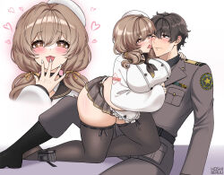1boy 1girl apron belly blush bready_(nikke) breasts brown_eyes brown_hair brown_neckerchief commander_(nikke) goddess_of_victory:_nikke hat heart heart-shaped_pupils hetero holding hoshiberuu jacket large_breasts licking licking_another&#039;s_face long_hair long_sleeves looking_at_viewer ma male_focus military_jacket military_uniform muffin_top navel neckerchief open_mouth plump shirt short_hair skirt smile symbol-shaped_pupils thighhighs thighs tongue tongue_out twintails