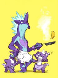 apron arm_up closed_mouth clothed_pokemon commentary_request cooking drooling evolutionary_line fang flipping_food food frying_pan gen_8_pokemon half-closed_eyes hand_on_own_hip hemhemhoo highres holding holding_frying_pan looking_down nintendo pokemon pokemon_(creature) saliva skin_fang standing steam toes toxel toxtricity toxtricity_(low_key) waist_apron yellow_background