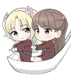 Rule 34 | 2girls, blonde hair, blue eyes, blue hair, blush, brown dress, brown hair, chibi, chibi only, chinese spoon, closed mouth, commentary, dress, flower, fujishima megumi, full body, gradient hair, hair flower, hair ornament, hands on another&#039;s back, hasu no sora school uniform, highres, kneehighs, link! like! love live!, looking at another, love live!, medium dress, mini person, minigirl, mira-cra park!, multicolored hair, multiple girls, neckerchief, open mouth, osawa rurino, pink flower, purple eyes, red neckerchief, sailor collar, school uniform, simple background, socks, symbol-only commentary, tazaki masanobu, twintails, two side up, virtual youtuber, white background, white sailor collar, white socks, winter uniform