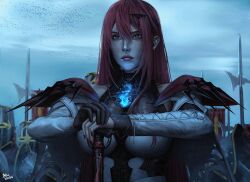 Rule 34 | 1girl, armor, army, banner, battle standard, black gloves, blue fire, elizabeth rose bloodflame, elizabeth rose bloodflame (1st costume), fire, fire on chest, gloves, highres, hololive, hololive english, outdoors, overcast, pike (weapon), polearm, red eyes, red hair, red nails, single glove, sky, solo focus, steb, thorn (elizabeth rose bloodflame), virtual youtuber, war banner, weapon