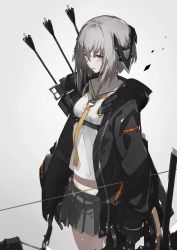 Rule 34 | 1girl, arrow (projectile), bow (weapon), breasts, female focus, gloves, grey background, grey eyes, grey hair, hair between eyes, headgear, heavily armed high school girls, highres, holding, holding weapon, jacket, looking at viewer, necktie, neco, open clothes, open jacket, original, pleated skirt, roku (heavily armed high school girls), sailor collar, short hair with long locks, simple background, skirt, small breasts, solo, weapon