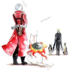 1boy 23262 ? amaterasu_(ookami) animal black_eyes black_pants capcom coat commentary_request crossover dante_(devil_may_cry) devil_may_cry_(series) dog fire from_behind full_body holster kurosu marvel_vs._capcom marvel_vs._capcom_3 medium_hair ookami_(game) painting_(medium) pants red_coat reflector_(ookami) simple_background sitting smile traditional_media translation_request watercolor_(medium) white_background white_hair white_wolf wolf
