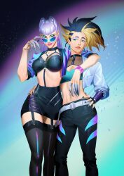 2girls akali black_eyes black_hair black_pants blonde_hair evelynn_(league_of_legends) glasses highres k/da_(league_of_legends) k/da_all_out_akali k/da_all_out_evelynn lan_dinh_thi_dieu league_of_legends long_hair multicolored_hair multiple_girls pants ponytail qtori skirt two-tone_hair white_hair yuri