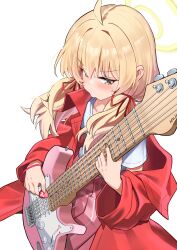 1girl absurdres ahoge blonde_hair blue_archive blush commentary electric_guitar fingernails guitar halo highres holding holding_plectrum instrument jacket long_hair music official_alternate_costume olecafe2 pink_skirt playing_guitar playing_instrument plectrum red_jacket shirt simple_background skirt solo sweatdrop twintails v-shaped_eyebrows white_background white_shirt yoshimi_(band)_(blue_archive) yoshimi_(blue_archive)