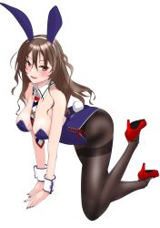 1girl absurdres animal_ears ashigara_(kancolle) ashigara_kai_ni_(kancolle) bare_shoulders between_breasts black_pantyhose blush breasts brown_eyes brown_hair covered_navel detached_collar fake_animal_ears fake_tail fang hairband high_heels highleg highleg_leotard highres kantai_collection large_breasts leotard long_hair looking_at_viewer neckerchief nitamako_(sakamalh) pantyhose playboy_bunny print_neckerchief purple_leotard rabbit_ears rabbit_tail red_footwear smile solo strapless strapless_leotard tail wavy_hair wrist_cuffs