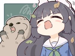 1girl animal animal_ears blue_archive blue_shirt blush_stickers chibi closed_eyes fake_animal_ears leaf leaf_on_head long_hair long_sleeves miyu_(blue_archive) no_nose open_mouth rabbit_ears sailor_collar school_uniform shirt umihio white_sailor_collar