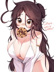 absurdres ahoge bandaid bandaid_on_face bandaid_on_nose bandaid_on_shoulder black_choker blush breasts brown_eyes brown_hair choker cleavage collarbone cookie detached_sleeves dress english_text eyebrows_hidden_by_hair eyes_visible_through_hair food food_in_mouth half_updo hands_on_ground hazel_eyes heart heart_ahoge highres huge_ahoge indie_virtual_youtuber large_breasts long_hair looking_at_viewer sky_above_me sky_above_me_(vtuber) solo thighs very_long_hair virtual_youtuber white_background white_dress