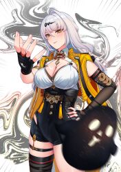 1girl absurdres black_gloves black_shorts black_thighhighs blush breasts cleavage closed_mouth collared_shirt commentary cruzvu english_commentary fingerless_gloves gloves hair_ornament hand_on_own_hip high-waist_shorts highres jacket large_breasts long_hair looking_at_viewer meme open_clothes open_jacket orange_jacket shirt shirt_tucked_in shorts single_thighhigh skindentation smile solo thigh_strap thighhighs thighs throwing white_hair white_shirt woe_plague_be_upon_ye_(meme) yellow_eyes yi_xuan_(zenless_zone_zero) zenless_zone_zero