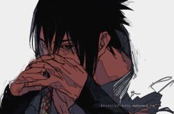 Rule 34 | 1boy, black hair, highres, looking at viewer, male focus, naruto (series), naruto shippuuden, ninja, one eye closed, red eyes, sharingan, short hair, simple background, solo, spiked hair, uchiha sasuke, upper body, white background, zifletts