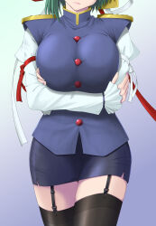 1girl arms_under_breasts asymmetrical_hair black_thighhighs blue_background blue_eyes blue_shirt breasts buttons closed_mouth garter_straps glaring gold_trim green_hair hat head_out_of_frame head_tilt juliet_sleeves large_breasts long_sleeves looking_at_viewer miniskirt puffy_sleeves ribbon shiki_eiki shirt simple_background skirt solo thighhighs touhou vision_(gruene)