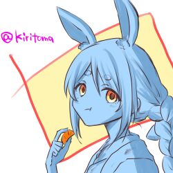 Rule 34 | 1girl, :t, animal ear fluff, animal ears, blue theme, braid, brown background, carrot hair ornament, closed mouth, commentary request, eating, food, food-themed hair ornament, from side, fruit, hair between eyes, hair ornament, hand up, highres, holding, holding food, hololive, japanese clothes, kimono, kiritoma, long hair, looking at viewer, looking to the side, mandarin orange, orange eyes, rabbit ears, short eyebrows, solo, thick eyebrows, twitter username, two-tone background, upper body, usada pekora, virtual youtuber, white background