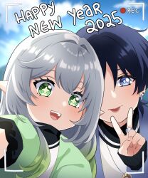 Rule 34 | 1boy, 1girl, 2025, alternate costume, alternate hairstyle, black hair, black sleeves, black undershirt, blue eyes, blue sky, blunt ends, blush, bright pupils, cloud, cloudy sky, dress, ear piercing, earrings, eyelashes, eyeliner, eyeshadow, genshin impact, gold pendant, green dress, green eyes, green pupils, hair down, happy new year, highres, jacket, jewelry, julydelic, layered sleeves, looking at viewer, makeup, nahida (genshin impact), necklace, new year, open mouth, outdoors, piercing, pointy ears, purple jacket, purple sleeves, red eyeliner, red eyeshadow, scaramouche (genshin impact), selfie, shirt, sky, teeth, tongue, tongue out, turtleneck, turtleneck shirt, upper teeth only, v, viewfinder, white hair, white pupils, white shirt