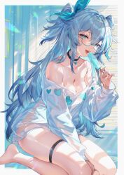 1girl absurdres aqua_eyes aqua_hair bare_shoulders black_choker blue-framed_eyewear blush border breasts choker cleavage collarbone commentary_request florence_(girls&#039;_frontline_2) food girls&#039;_frontline girls&#039;_frontline_2:_exilium hair_between_eyes heart heart-shaped_pupils heart_choker highres holding holding_food holding_popsicle large_breasts long_hair long_sleeves looking_at_viewer nightgown off-shoulder_shirt off_shoulder official_alternate_costume open_mouth outside_border pa-15_(girls&#039;_frontline) pa-15_(marvelous_yam_pastry)_(girls&#039;_frontline) popsicle puffy_long_sleeves puffy_sleeves seiza shanguier shirt sitting smile solo symbol-shaped_pupils teeth thigh_strap thighs two_side_up upper_teeth_only white_border white_nightgown