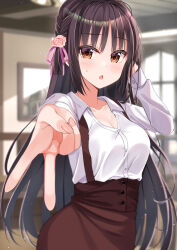 1girl absurdres alternate_eye_color black_hair blurry blurry_background blush braid breasts brown_eyes brown_skirt cafe_stella_to_shinigami_no_chou chestnut_mouth cleavage collarbone collared_shirt commentary_request cowboy_shot depth_of_field dress_shirt eyelashes fingernails flower foreshortening gyaru_v hair_between_eyes hair_flower hair_ornament hair_ribbon hand_up high-waist_skirt highres indoors light_particles long_hair long_sleeves looking_at_viewer medium_breasts open_mouth outstretched_arm pink_flower pink_ribbon pink_rose ribbon rose shiki_natsume shirt shy side_braid skirt solo straight_hair suspender_skirt suspenders sweatdrop tsurime urakawa_^p^ v very_long_hair white_shirt