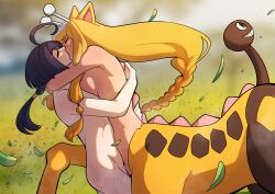 1boy 1girl animal_ears antennae artist_name black_hair blonde_hair blush breasts closed_eyes commentary english_commentary gen_2_pokemon girafarig hetero highres hug kinkymation kiss long_hair low_ponytail medium_breasts nintendo personification pokemon ponytail pussy pussy_juice sex sidelocks taur uncensored vaginal very_long_hair