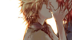 Rule 34 | 2boys, axel (kingdom hearts), backlighting, black coat (kingdom hearts), blonde hair, closed eyes, commentary, couple, english commentary, english text, hand on another&#039;s cheek, hand on another&#039;s face, hand on another&#039;s shoulder, illbewaiting, jacket, kingdom hearts, kingdom hearts ii, kiss, long hair, male focus, multiple boys, red hair, roxas, short hair, short sleeves, spiked hair, white background, white jacket, yaoi