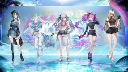 5girls :d absurdres arm_up armlet bag bare_legs beret bikini bikini_under_shorts bird black_bow black_choker black_gloves black_hair black_hat black_shirt black_shoes black_skirt black_sleeves black_thighhighs black_undershirt blonde_hair blue_dress blue_eyes blue_hair blue_shirt blue_sky blunt_bangs boots bow braid character_name choker chyan cloud colored_inner_hair commentary day detached_sleeves double-parted_bangs dress english_text eyewear_on_head feet flow_glow_(hololive) full_body garter_straps gloves green_hair grey_hair hair_bow hair_flaps hair_ornament hairclip half_gloves halterneck hand_on_own_hip hand_up handbag hat high_heel_sandals highleg highleg_bikini highres holding holding_bag holding_own_hair hololive hololive_dev_is holonatsu_paradise isaki_riona isaki_riona_(holonatsu_paradise) jacket jacket_partially_removed jewelry kikirara_vivi kikirara_vivi_(holonatsu_paradise) koganei_niko koganei_niko_(holonatsu_paradise) lens_flare lightning_ahoge long_hair low_twin_braids midriff miniskirt mizumiya_su mizumiya_su_(holonatsu_paradise) multicolored_hair multiple_girls navel o-ring o-ring_thigh_strap off-shoulder_shirt off_shoulder official_alternate_costume official_art one_side_up open-toe_boots open_fly open_mouth orange-tinted_eyewear outside_border over-kneehighs pink_hair platform_heels purple_hair purple_socks red_bikini red_eyes rindo_chihaya rindo_chihaya_(holonatsu_paradise) round_eyewear sandals see-through_clothes see-through_jacket see-through_shirt shirt shoes short_dress shoulder_bag sidelocks single_glove single_over-kneehigh single_thighhigh skirt sky sleeveless sleeveless_shirt smile socks streaked_hair sun sunglasses swimsuit symbol-only_commentary t-shirt thigh_strap thighhighs tinted_eyewear twin_braids twintails very_long_hair virtual_youtuber w white_hair