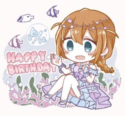 1girl animal baba_konomi blue_eyes braid brown_hair chibi chiwawa174 coral dress english_text fish hands_up happy_birthday highres idolmaster idolmaster_million_live! knees_up open_mouth side_ahoge single_braid solo white_background