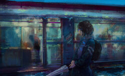 1girl 1other absurdres aqua-framed_eyewear aqua_theme backpack bag black_hair blue_jacket blue_sky building ceiling_light chinese_commentary coca-cola commentary_request cowboy_shot doorway euroroyan grey_scarf highres holding holding_umbrella jacket looking_at_another original outdoors own_hands_together round_eyewear scarf school_uniform short_hair sign sky solo_focus standing umbrella wavy_hair window