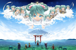 2boys 6+girls anniversary aqua_eyes aqua_hair arms_up artist_name backlighting banner bare_shoulders blonde_hair blue_hair blue_kimono blue_robe bow brown_hair clone cloud commentary cymbals day detached_sleeves dizi drum drumsticks floating flute from_behind hair_bow hakama hakama_skirt hatsune_miku highres instrument instrument_request japanese_clothes kagamine_len kagamine_rin kaito_(vocaloid) kimono lolita_majin long_hair looking_at_viewer lute_(instrument) megurine_luka meiko_(vocaloid) miko mikudayo monk mount_fuji mountainous_horizon multiple_boys multiple_girls multiple_persona ocean open_mouth outdoors outstretched_arms own_hands_together pink_hair praying red_skirt robe scenery shinto shirt shiteyan&#039;yo short_hair skirt sleeveless sleeveless_shirt smile spiked_hair statue t-pose toga torii transverse_flute twintails very_long_hair very_wide_shot vocaloid wading white_bow white_shirt white_sleeves wide_sleeves