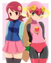 2girls absurdres aqua_shirt arms_behind_back black_bodysuit black_thighhighs blonde_hair blue_vest bodysuit border brown_eyes cowboy_shot curakuru green_eyes highres leotard long_hair looking_at_viewer mayl_sakurai_(mega_man) medium_hair mega_man_(series) mega_man_battle_network_(series) multiple_girls netnavi pink_background pink_leotard pink_skirt red_hair roll.exe_(mega_man) shirt simple_background skirt smile thighhighs vest white_border