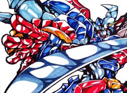 dygenguar hamuten_(hmltzero) holding holding_sword holding_weapon horns mecha no_humans open_hand robot science_fiction solo super_robot super_robot_wars super_robot_wars_original_generation sword upper_body weapon white_background yellow_eyes