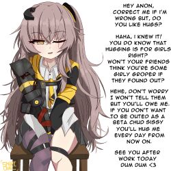 1girl armband artist_name black_jacket black_skirt brown_hair collared_shirt english_text girls&#039;_frontline highres jacket knees_together_feet_apart long_hair looking_at_viewer mechanical_arms one_eye_closed parted_lips pleated_skirt scar scar_across_eye scar_on_face shirt side_ponytail single_mechanical_arm single_thighhigh sitting skirt smart_oval solo stool thighhighs ump45_(girls&#039;_frontline) ump45_(mod3)_(girls&#039;_frontline) white_shirt yellow_armband yellow_eyes
